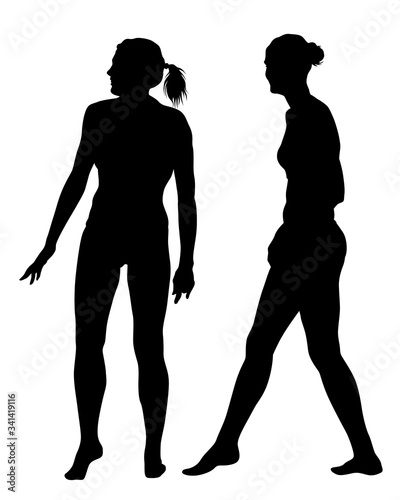 Young beautiful girls in bathing suits on the beach. Isolated silhouettes on a white background