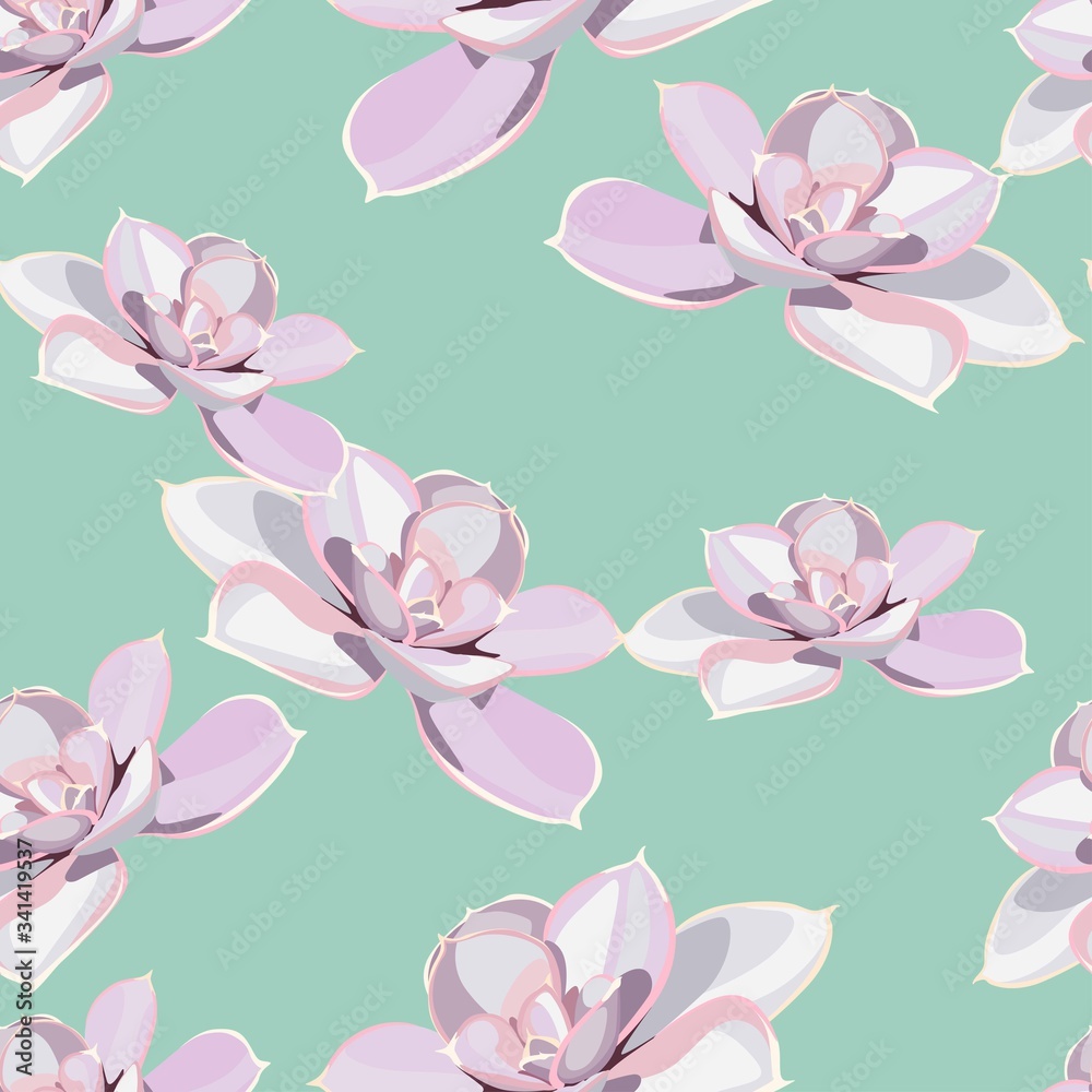 Seamless pattern with violet succulents, mint background. Elegant tender design. Can be used as greeting, wedding background. Best for fabric. Flowers texture.