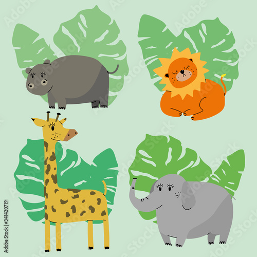 African animals elephant  hippopotamus  rhinoceros  lion  giraffe in vector. Funny cartoon safari animals in bright colors. Childish set EPS