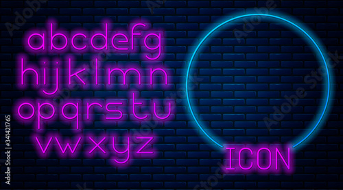 Glowing neon Blade razor icon isolated on brick wall background. Neon light alphabet. Vector Illustration