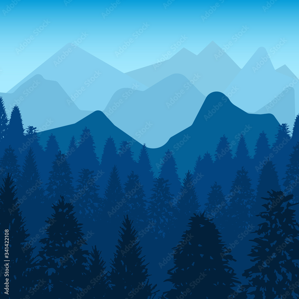 Fototapeta premium Nature vector background, landscape with mountains and pine forest. Panorama of mountains, valley with trees. EPS