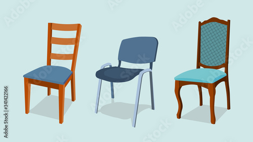 Chair set vector interior design illustration. collection set of elements. designer trendy furniture. modern and retro. contemporary danish EPS