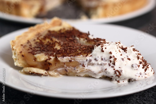Boston Banoffee Pie. Biscuity Shortcrust Pastry with Caramel Fudge Filling and Banana Topping.