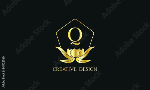Design of magnificent royal vector monogram with letter Q on black background. Stylish golden floral logo for business, restaurant, boutique, cafe, hotel and more.