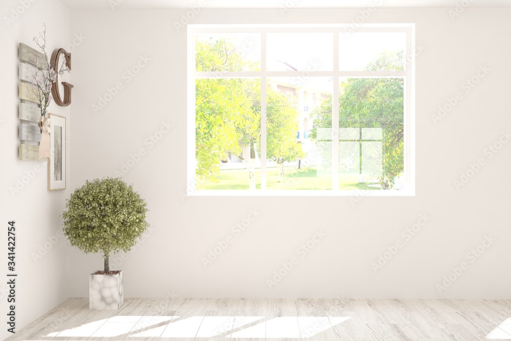 Fototapeta premium Stylish empty room in white color with summer landscape in window. Scandinavian interior design. 3D illustration