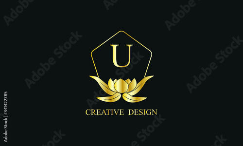 Design of magnificent royal vector monogram with letter U on black background. Stylish golden floral logo for business, restaurant, boutique, cafe, hotel and more.