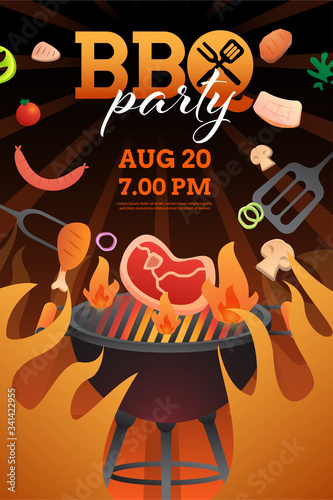 BBQ party invitation ,card or poster template with grill and food flyer vector flat style illustration.