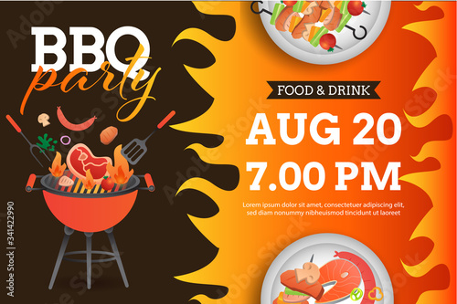 BBQ party invitation ,card or poster template with grill and food flyer vector flat style illustration.