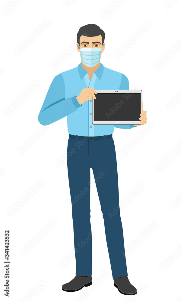 The man in medical mask showing blank digital tablet PC. Full length portrait of man in a flat style.