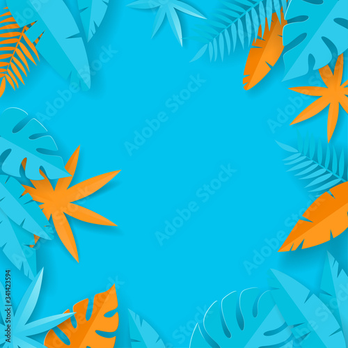 Tropical summer leaves - paper art - blue and orange summer background