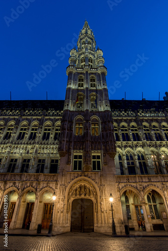 Gothic sculptures and tower of the 15th century Town Hall, UNESCO World Heritage Site. More than 1,200,000 people lives in Brussels photo