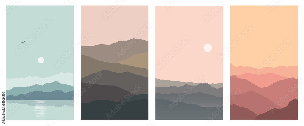 Set vector illustration of a beautiful mountain landscape at different times of the day, flat design.