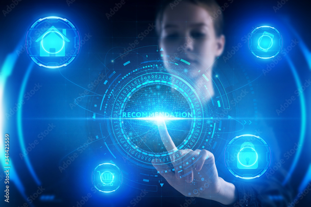 Obraz premium Business, Technology, Internet and network concept. Young businessman working on a virtual screen of the future and sees the inscription: Recommendation