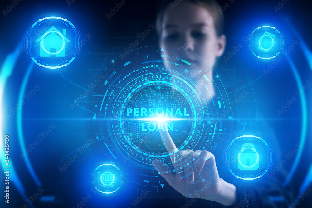 Obraz premium Business, Technology, Internet and network concept. Young businessman working on a virtual screen of the future and sees the inscription: Personal loan