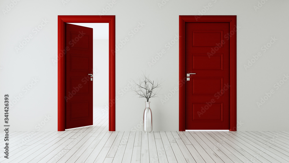 white wall with red opened door and closed door realistic 3D rendering white wall with red opened door and closed door realistic 3D rendering