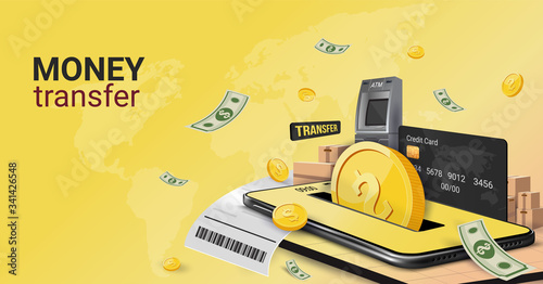 Money app online on mobile phone, Capital flow, earning or making money. Financial savings. Wallet online. Pay online. Financial business. Spending money via mobile phone. Mobile shopping.