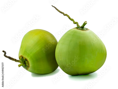 Green young coconut fruit isolated on white background. clipping path
