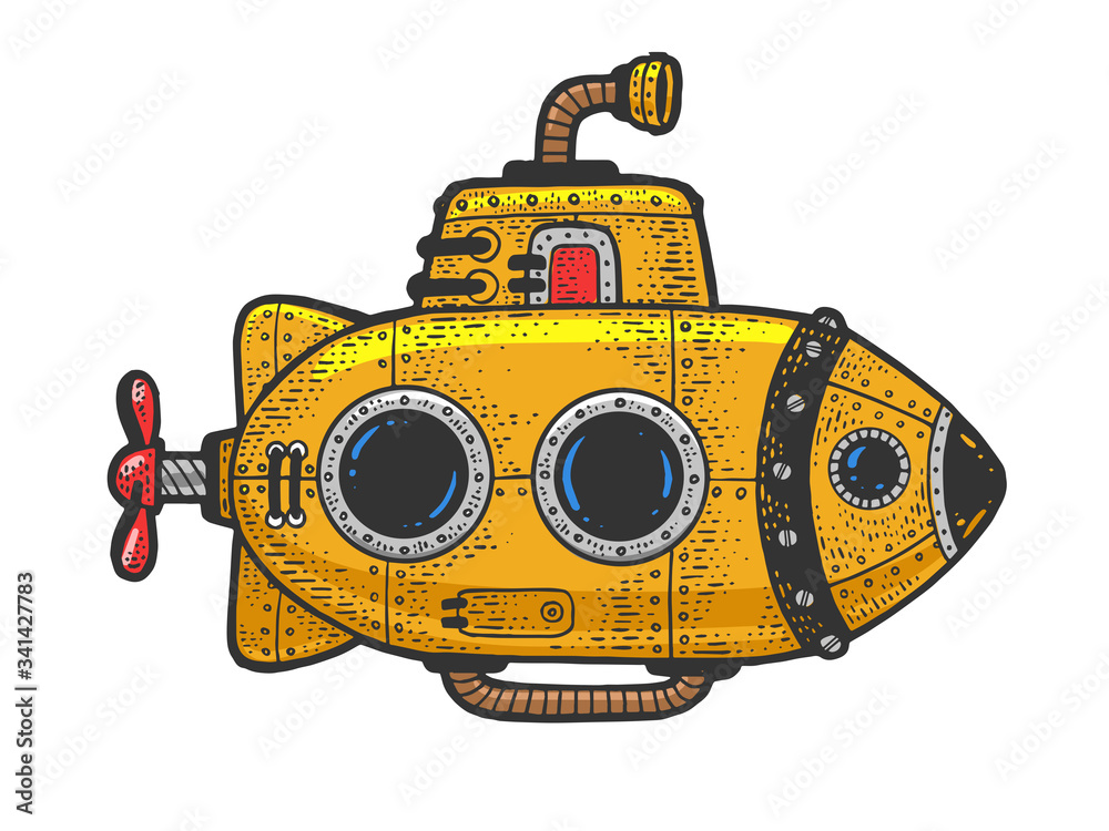 Cartoon steampunk yellow Submarine color sketch engraving vector  illustration. T-shirt apparel print design. Scratch board imitation. Black  and white hand drawn image. Stock Vector