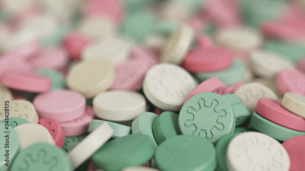 Tablets. Coronavirus tablets. Covid-19. 3D rendering. Tablets. Coronavirus tablets. Covid-19. 3D rendering.
