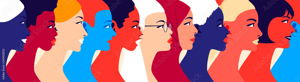 Women community and feminism movement. Young multi ethnic women in profile. Concept for social campaign. Fashion and beauty. Bright vector illustration in flat style. Cultural and religion equality.