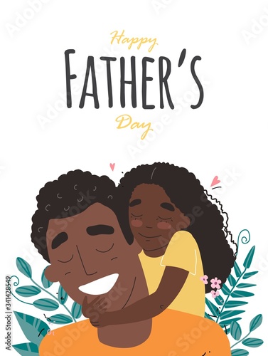 Fathers day, happy family, Black african american daughter hugs dad and smiling