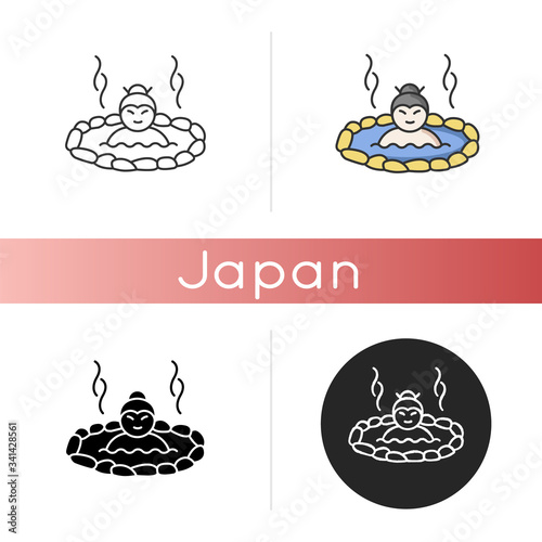 Hot spring icon. Japanese onsen. Spa resort for recreation. Warm volcanic pool for resting. Outdoor geothermal resort. Linear black and RGB color styles. Isolated vector illustrations
