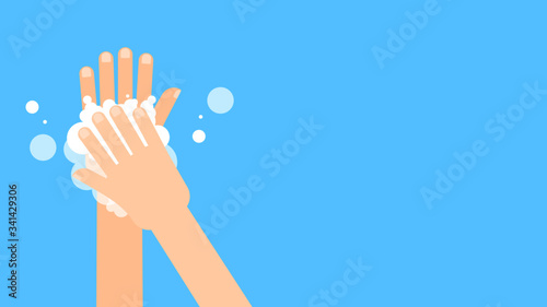 Washing hands with soap in flat style isolated on blue background. Vector banner.