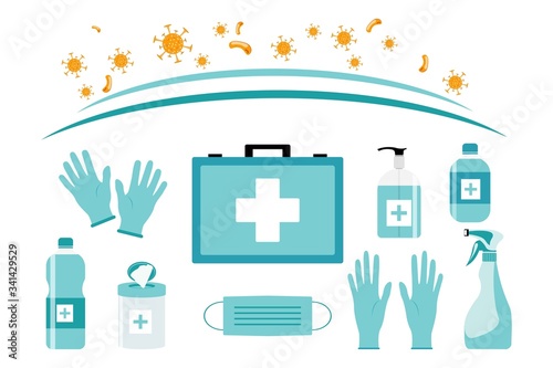 Coronavirus sterilization kit. Medical mask, gloves, antiseptic, wipes, disinfectant spray. Vector