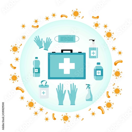 Coronavirus sterilization kit. Medical mask, gloves, antiseptic, wipes, disinfectant spray. Vector