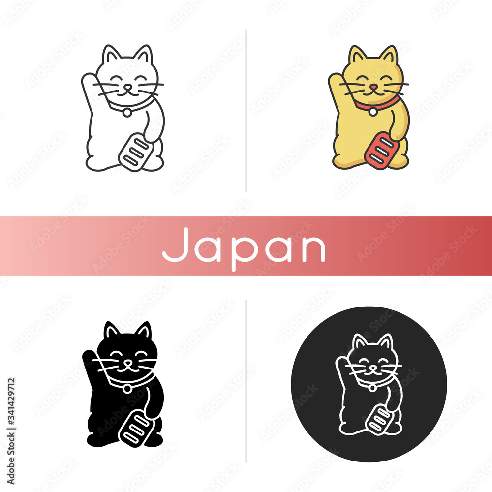 Maneki neko icon. Traditional japanese mascot to bring fortune. Oriental souvenir from Japan. Kitty talisman for luck. Linear black and RGB color styles. Isolated vector illustrations