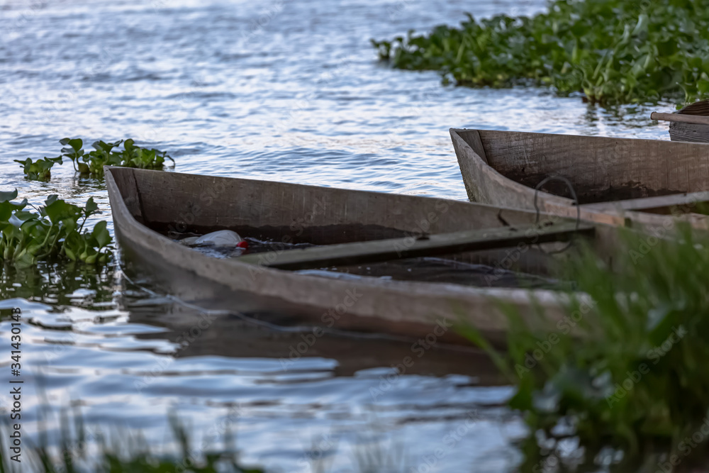 View of lake, aquatic vegetation and old wooden fishing boats on the banks