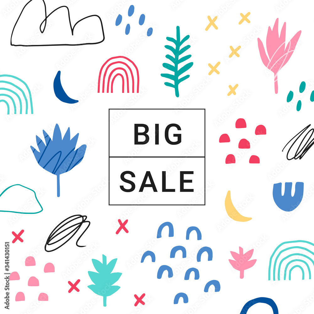 Obraz premium Sale banner template with hand drawn design elements. Abstract colorful background