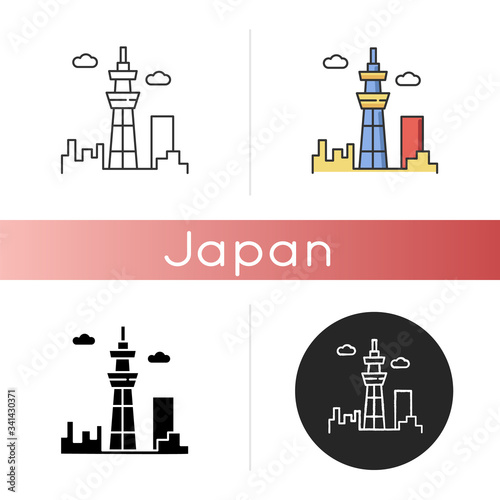Skyscraper icon. Urban cityscape. Tokyo observation tower. Business district. Futuristic building. Airport terminal. Linear black and RGB color styles. Isolated vector illustrations