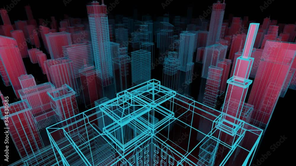 3D visualization of the camera's flight over a large city. Digital ...