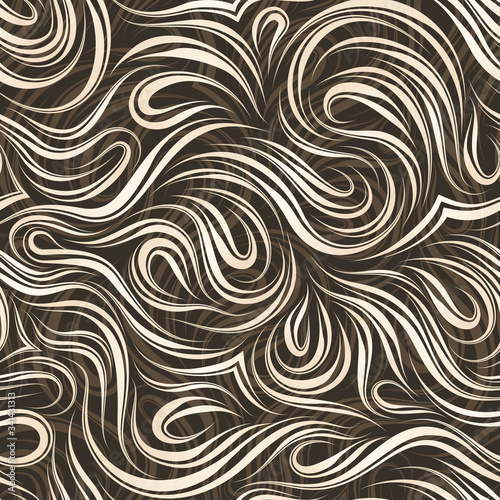 Seamless vector pattern of smooth beige flowing lines with gradients cut in the middle on a brown background. Texture of wood fibers or waves. Decoration for paper fabrics or website background. Textu