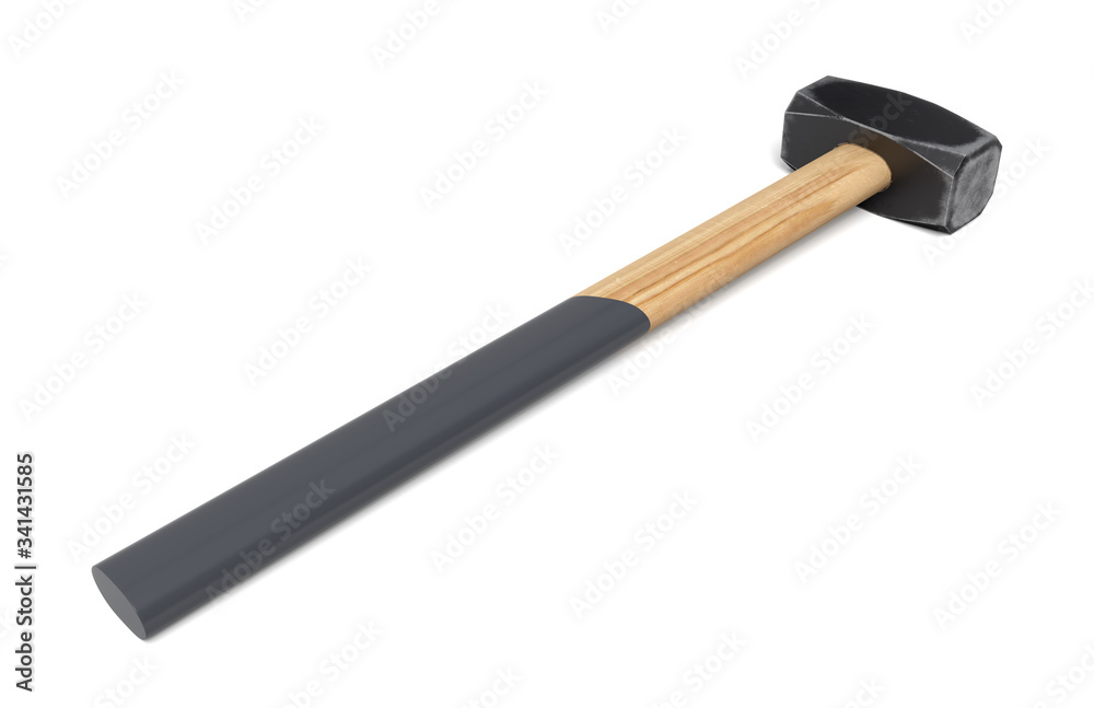 3d close-up rendering of hammer with wooden handle half-painted black lying on white background. 3d close-up rendering of hammer with wooden handle half-painted black lying on white background.