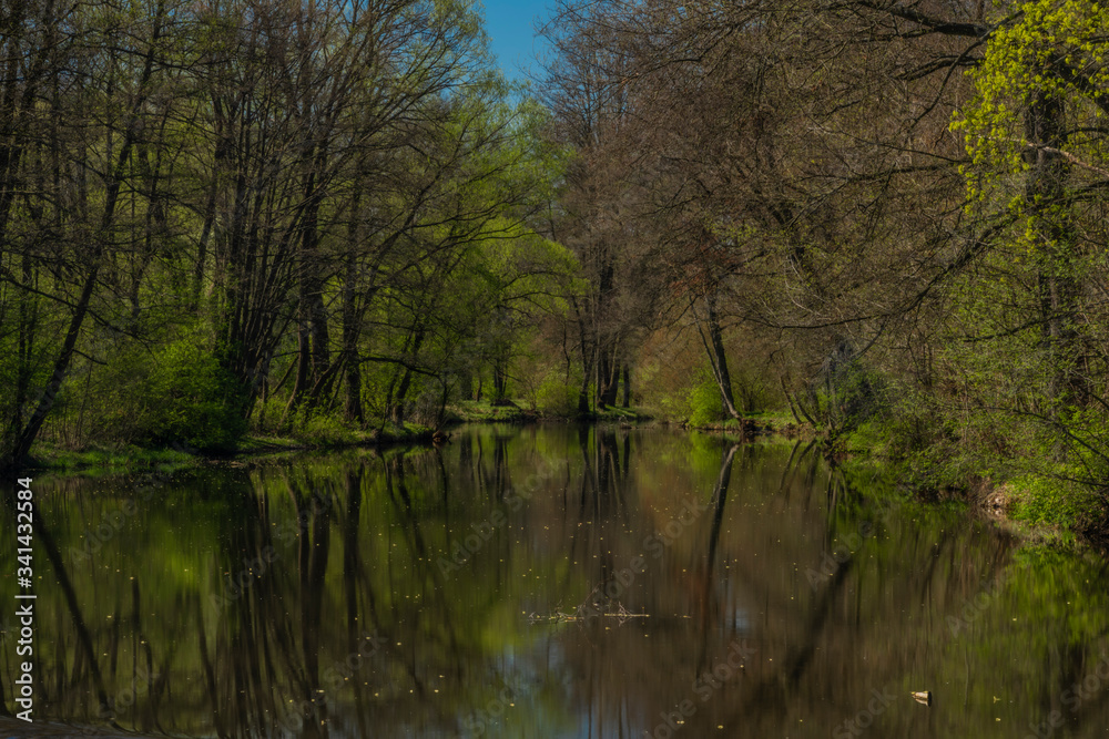 Blanice river with color green trees near weir in Bavorov town Blanice river with color green trees near weir in Bavorov town