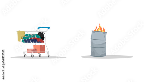 Homeless attributes semi flat RGB color vector illustrations set