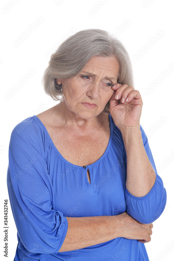 Close up portrait of sad senior woman isolated