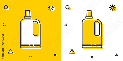 Black Fabric softener icon isolated on yellow and white background. Liquid laundry detergent, conditioner, cleaning agent, bleach. Random dynamic shapes. Vector Illustration