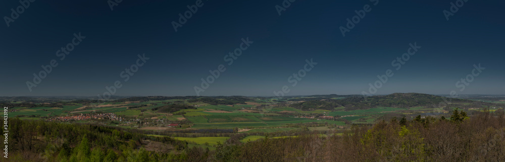 Fototapeta premium View from Svobodna hill in spring day with fields and meadows