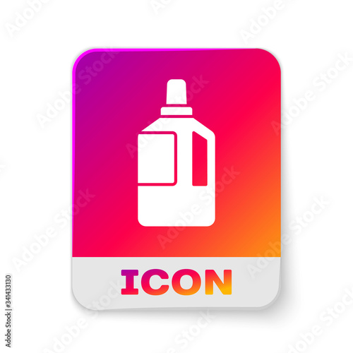 White Fabric softener icon isolated on white background. Liquid laundry detergent, conditioner, cleaning agent, bleach. Rectangle color button. Vector Illustration