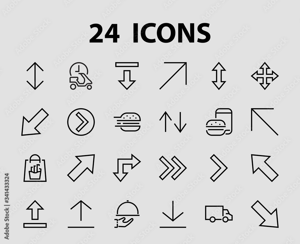 Set of line arrows, directions, arrows, contains icons such as pause, continuation, directly, to the right, Editable stroke. 480x480, On a white background, Vector illustration