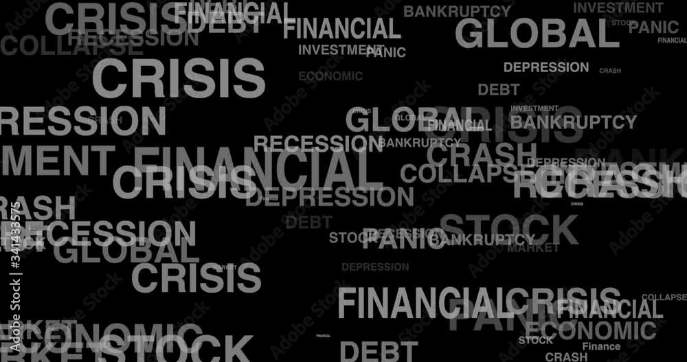 Global financial crisis word cloud, white words fade in and out on black background. Global financial crisis word cloud, white words fade in and out on black background.