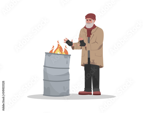 Homeless man near flaming bin semi flat RGB color vector illustration