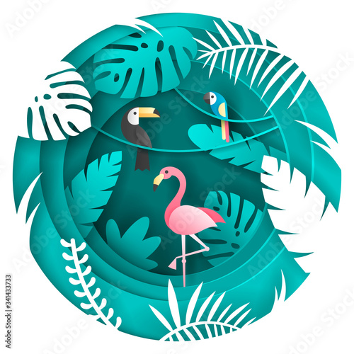 Toucan, Parrot and Flamigo Bird in the tropical forest. Paper art style