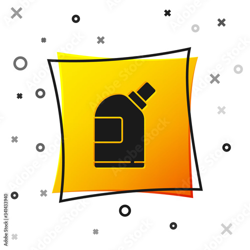 Black Plastic bottles for laundry detergent, bleach, dishwashing liquid or another cleaning agent icon isolated on white background. Yellow square button. Vector Illustration