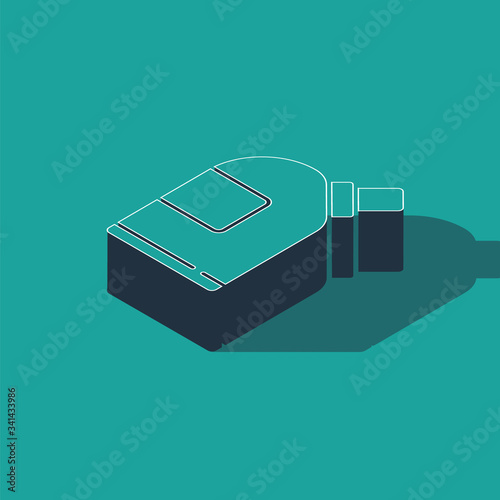 Isometric Plastic bottles for laundry detergent, bleach, dishwashing liquid or another cleaning agent icon isolated on green background.  Vector Illustration