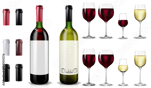 Red and white wine bottles and glasses. Realistic mockup