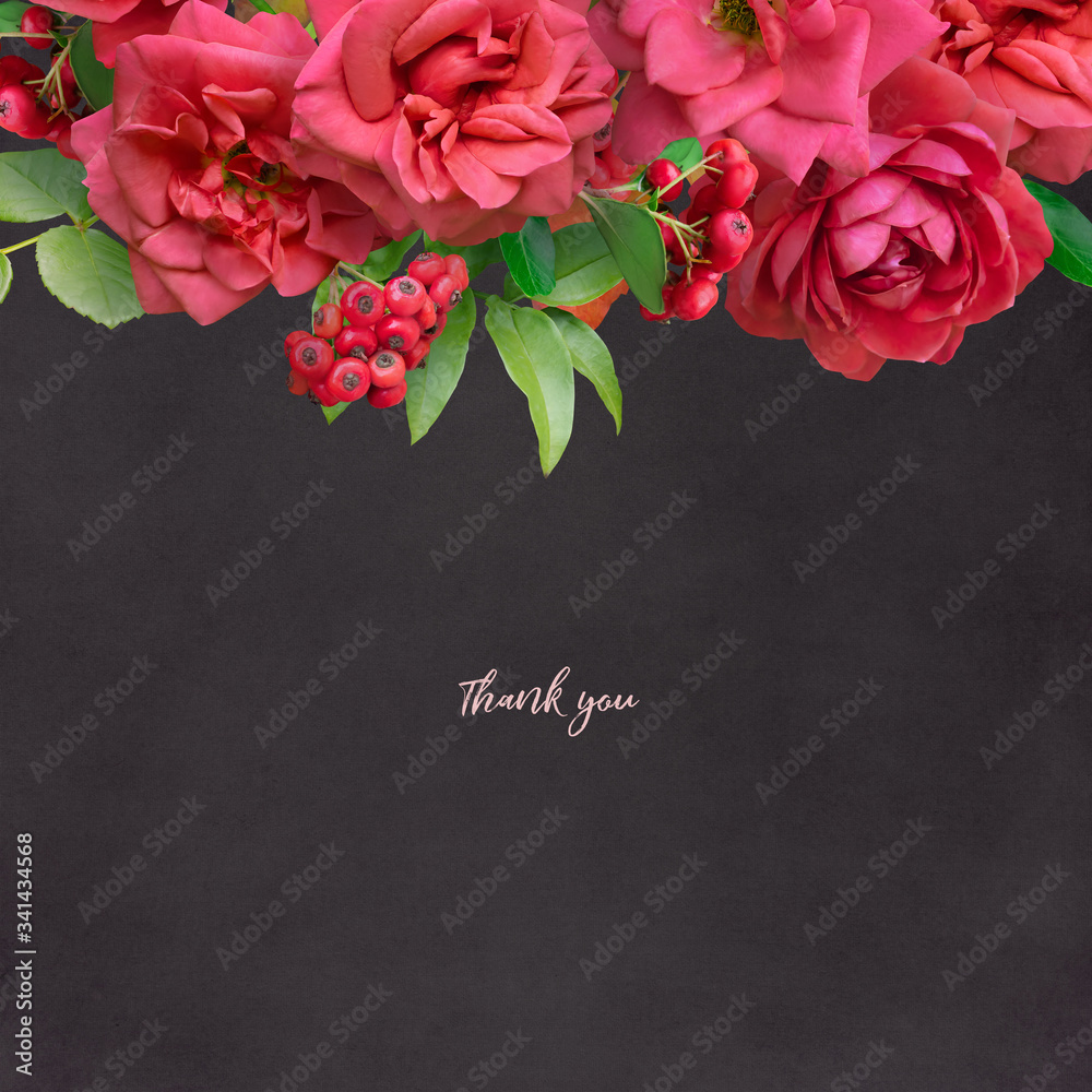 Obraz Floral card with copy space. Red roses and berry on dark textured grange background. Bouquet of garden flowers.